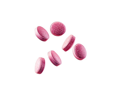 A group of round, pink tablets or candies, possibly dietary supplements or sweets.