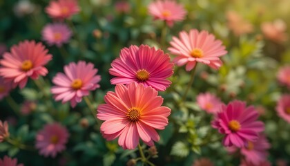 Obraz premium A beautiful close-up of pink and orange daisies in a lush green garden