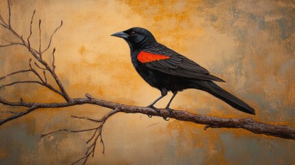 Fototapeta premium Red-shouldered Blackbird perched on a bare branch against a textured warm orange and brown background showcasing its vibrant red shoulder patch.