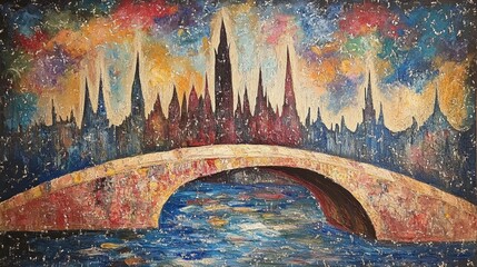 Colorful Abstract Landscape with Bridge and City Skyline at Dusk