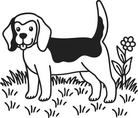 Playful Beagle Dog Standing in Grass with Flower, Line Art Illustration of Pet and Nature