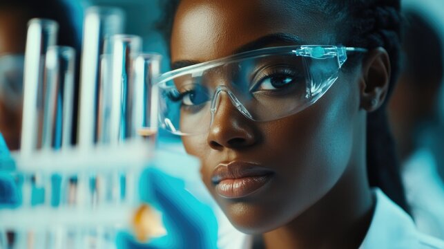 Close-up of a focused African female scientist wearing safety goggles, handling test tubes and pipettes in a bright laboratory setting for microbiology research.