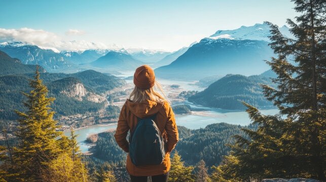Scenic Viewpoint of Woman Hiker in Orange Jacket and Beanie Overlooking Canadian Mountain Landscape in Squamish British Columbia on Sunny Day
