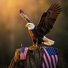 Naklejka premium Eagle with American Flag, Most Patriotic Animal in the World