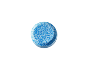 A blue tablet with a speckled surface, likely a medication or supplement.