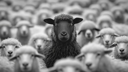 Une photographie d'un seul mouton noir se détachant au milieu d'un troupeau infini de moutons blancs