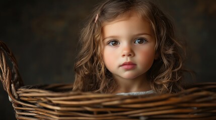 Portrait of a small girl with curly brown hair sitting in a rustic wicker basket against a dark textured background, showcasing innocence and beauty.