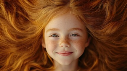 Fototapeta premium Cheerful young girl with vibrant red hair and freckles, lying on a golden sandy background, showcasing joyful expression and playful spirit.