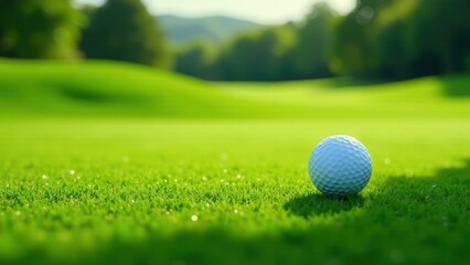 Obraz premium A single golf ball rests on a vibrant green putting surface, bathed in sunlight, with a blurred background of rolling hills and lush greenery, suggesting a tranquil and serene golfing experience.