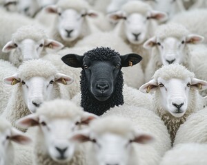Une photographie d'un seul mouton noir se détachant au milieu d'un troupeau infini de moutons blancs