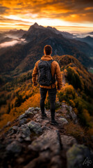 Fototapeta premium Fit Individual Standing Victorious on a Mountain Peak