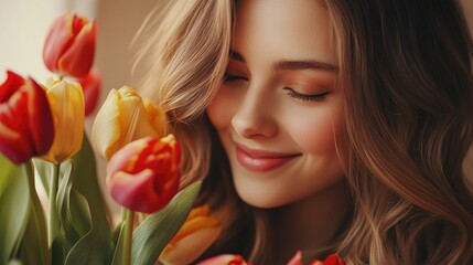 Smiling young woman with long wavy hair gently admiring vibrant red and yellow tulips in a soft neutral setting during springtime