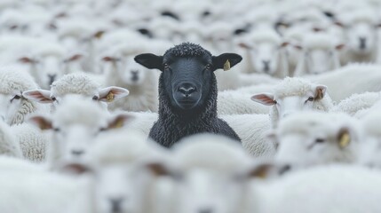 Une photographie d'un seul mouton noir se détachant au milieu d'un troupeau infini de moutons blancs