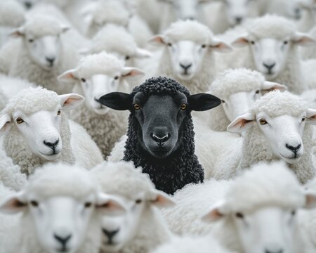 Une photographie d'un seul mouton noir se d&eacute;tachant au milieu d'un troupeau infini de moutons blancs