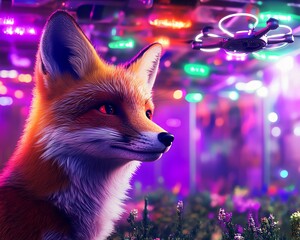 A vibrant digital art piece featuring a red fox amidst a futuristic, neon-lit landscape, with a drone hovering overhead.  A captivating blend of nature and technology.