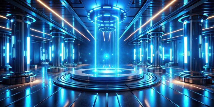 A futuristic blue environment with glowing rays emanating from a central source, surrounded by sleek metallic structures and neon lights , technology, environmental