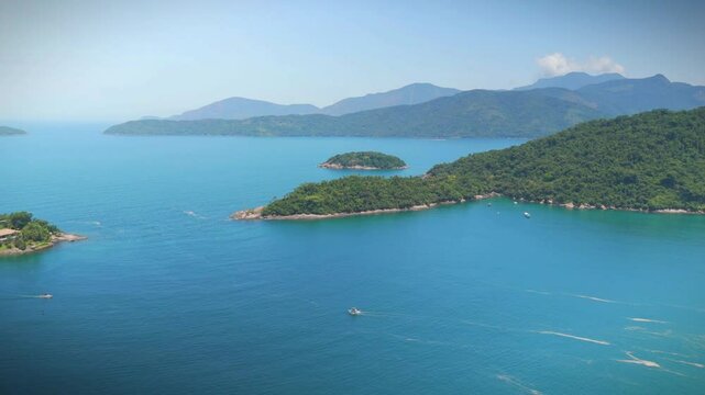aerial view of an island near Paraty city in Rio de Janeiro with boats and sea 