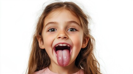 Smiling girl with long tongue showing surprise and wonder on white background showcasing human emotions and expressions for advertising purposes