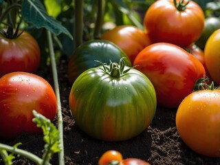 Vibrant Close-up of Ripe and Unripe Tomatoes in a Home Garden Vegetable Patch