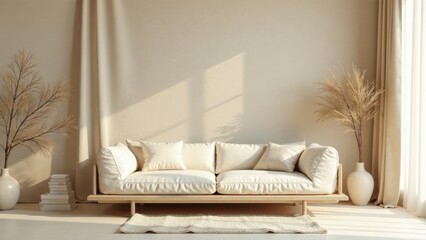 Serene Minimalist Living Room Interior Design Featuring a Low-Slung Sofa and Natural Decor Elements