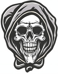 Skull Skeleton Grim Reaper Mascot Vintage Woodcut, sticker style, with white tones