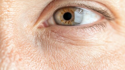 Fototapeta premium Facial skin texture concept. Detailed macro photo of crow s feet around the eyes, intricate skin texture, soft lighting, sharp focus, hyperrealism