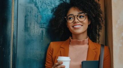 Smiling young Black woman in stylish outfit holding disposable coffee cup and folder while leaning against blue door in urban setting.