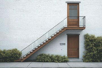 Exterior stairs leading to a second-story entrance situated against a white brick building Landscaping adds to the urban charm