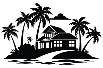 Tropical island and beach house silhouette clipart black and white vector illustration