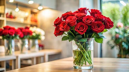Obraz premium A single red rose speaks volumes. Minimalist bouquet, glass vase, flower shop elegance, perfectly photographed.
