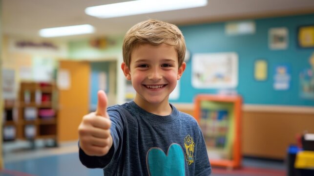Smiling young boy showing thumbs up gesture inside colorful elementary school classroom with shelves and educational posters - Powered by Adobe