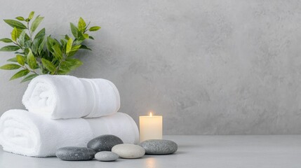 Spa treatment; towels, stones, candle, leaves; wellness; calming background