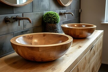 Modern bathroom with two wooden sinks sleek faucets and a natural aesthetic The dark grey tiles add a sophisticated touch