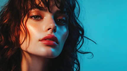Fototapeta premium Stunning studio portrait of young woman with curly brunette hair illuminated by blue and teal lighting, showcasing flawless skin and expressive features