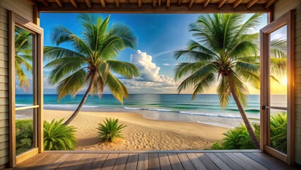 Fototapeta premium Seaside view from a cozy vacation cottage with palm trees and a sandy beach in the foreground, calm atmosphere, coastal view