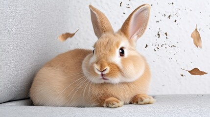 Close-up of adorable fluffy bunny with falling leaves indoors