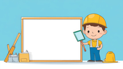 cute construction worker holding level tool stands beside blank board
