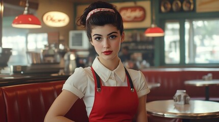 Vintage diner waitress in red apron and white blouse with dark hair and red lipstick sitting at a round table in a retro café setting.