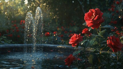 Red roses blooming near a fountain at sunset.