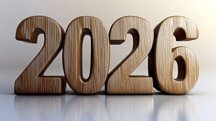 Wooden Number 2026, New Year Concept, Crafted Wooden Digits on Reflective White Background