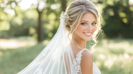 With a radiant smile, the bride showcases her stunning gown and delicate veil as the sunlight dances through the trees at the wedding venue. Joy and love fill the air