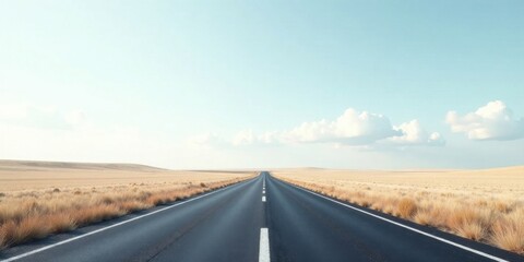 Fototapeta premium Endless Asphalt Road Cutting Through a Vast, Dry Grassland Under a Pale Sky