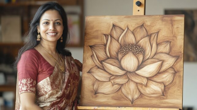 Woman artist wearing traditional Indian sari showcasing intricate pyrography painting of a lotus flower on easel in artistic studio setting.