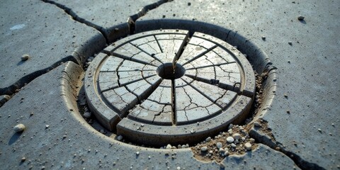 Fototapeta premium Sun-baked, cracked pavement reveals a weathered, segmented circular structure with a central aperture.