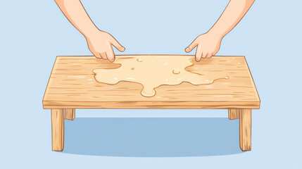 person smoothing wood glue on wooden table surface, showcasing craftsmanship and attention to detail