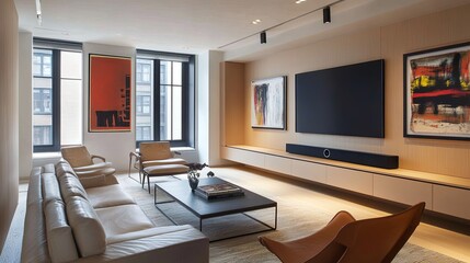 A minimalist living room with hidden acoustic panels and a sleek soundbar beneath a mounted TV. digital