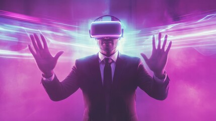business, augmented reality and future technology concept - businessman in virtual headset and screen over abstract background