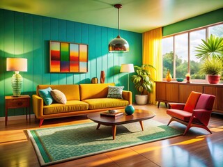 A vibrant, retro-furnished living room embodies mid-century modern design and vintage style.
