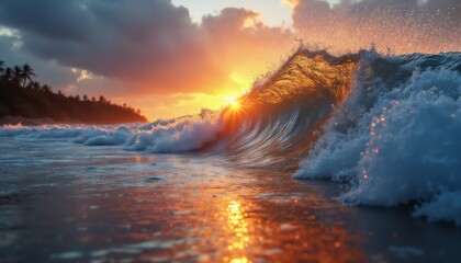 Fototapeta premium an impressive seascape low angle view, a large and beautiful ocean wave on the beach, at sunset, sunlight and wind breaking through the crest of the wave, beautiful nature as a background