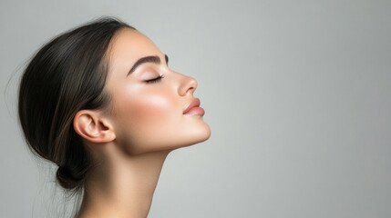Young beautiful woman with long dark hair in profile pose against a soft grey background displaying a natural smile and serene expression.